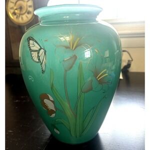 Vintage Large Green Vase 9.75" Hand Painted Butterfly Design Flowers VGUC
